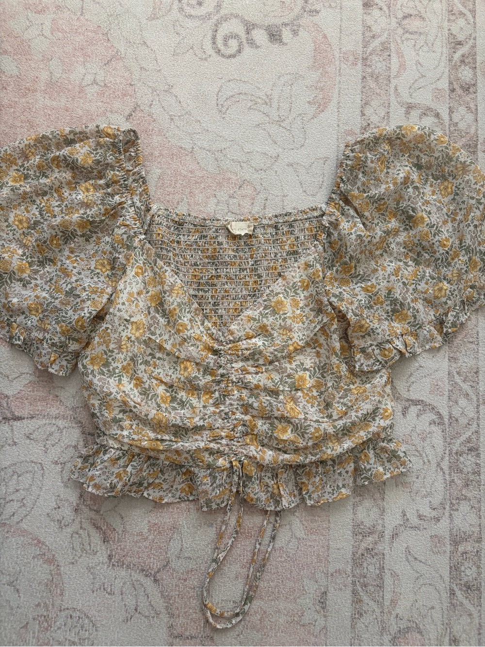Altar'd State Yellow Floral Puff-Sleeve Smocked Crop Top